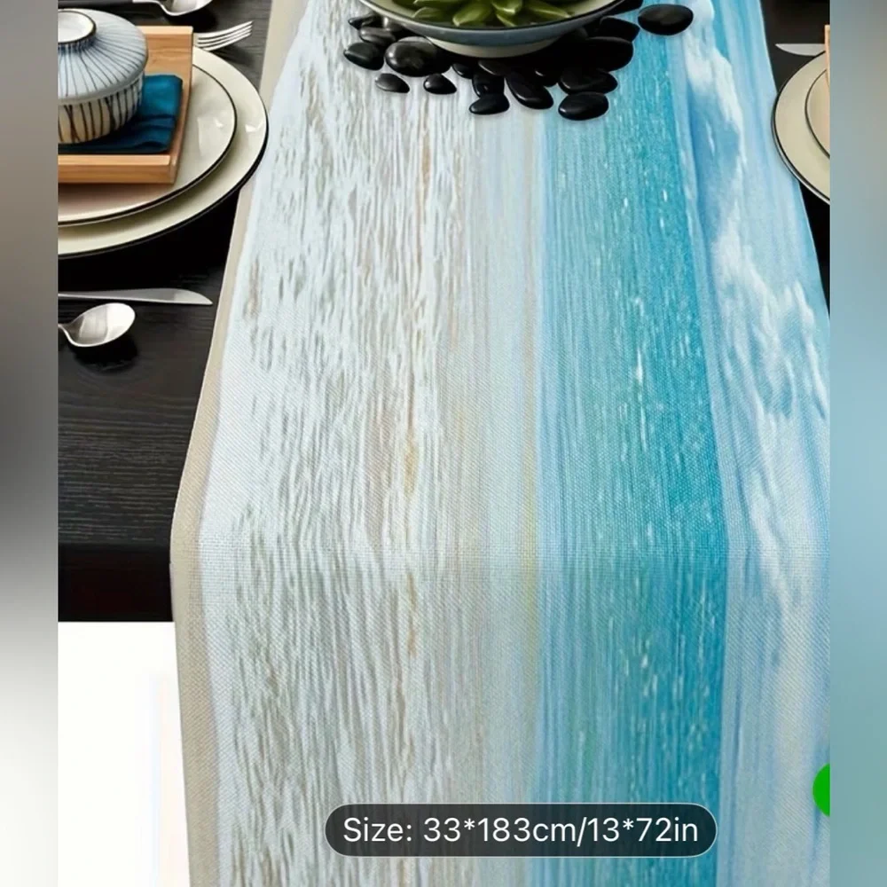 Set of 3 Linen like Coastal Blue Table Runner - Beach Wave Design